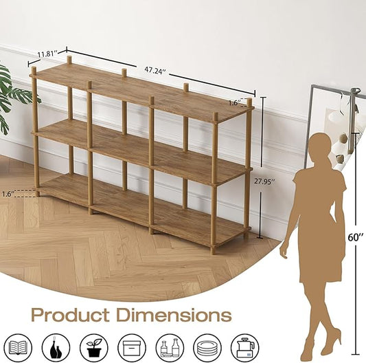 YGYQZ 3 Tier Short Book Shelf, 6 Cube Storage Shelf Organizer Bookshelf with Open Back, Long Horizontal Book Shelves for Office, Living Room, Bedroom, Rustic Brown