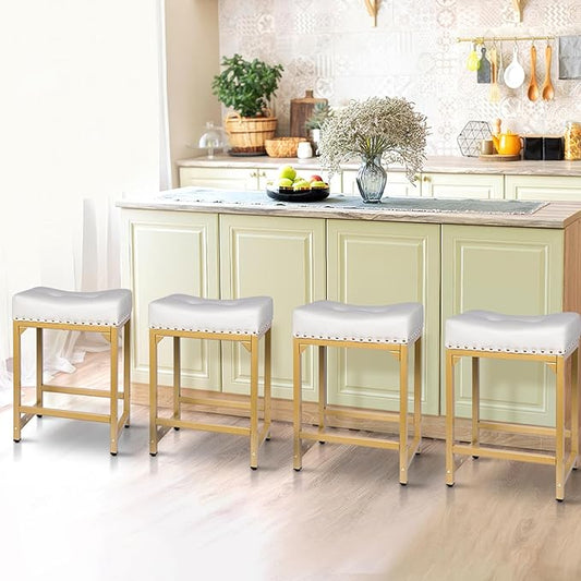 Bar Stools Set of 2, Counter Height Bar Stools for Kitchen Island, 24 Inch Modern White & Gold Saddle Backless Barstools, Counter Stool with Metal Base & Thick Saddle Seats(White+Gold)
