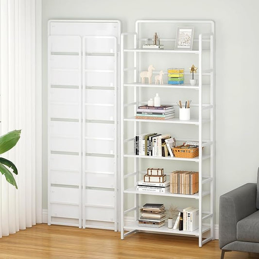 4NM No-Assembly 6 Tiers Folding Bookshelf Storage Shelves Vintage Bookcase Standing Racks Study Organizer Home Office (All White)