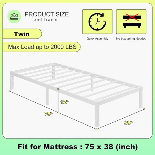 12 Inch Twin Bed Frames, Heavy Duty Metal Twin Platform Bed Frame, No Box Spring Needed, Easy Assembly, Noise-Free, White