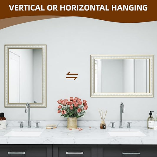 36x24 Inch Farmhouse Wooden Rectangle Mirrors for Wall with Beaded, Boho Decorative Rectangular Mirror for Bathroom, Living Room, Entryway, Foyer (Horizontal/Vertical Mount)