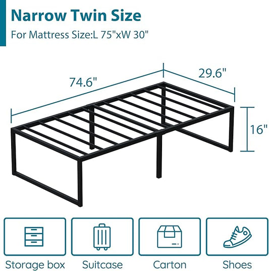 EMODA 16 Inch Narrow Twin Bed Frame 30x75, Heavy Duty Metal Platform No Box Spring Needed, Easy Assembly Noise Free, Black