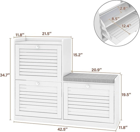 Shoe Bench with 3 Flip Drawers, Entryway Storage Bench with Cushion, Adjustable Shelves, Shoe Cabinet with Storage Space for Entryway, Living Room, Hallway, Mudroom, Bedroom, White