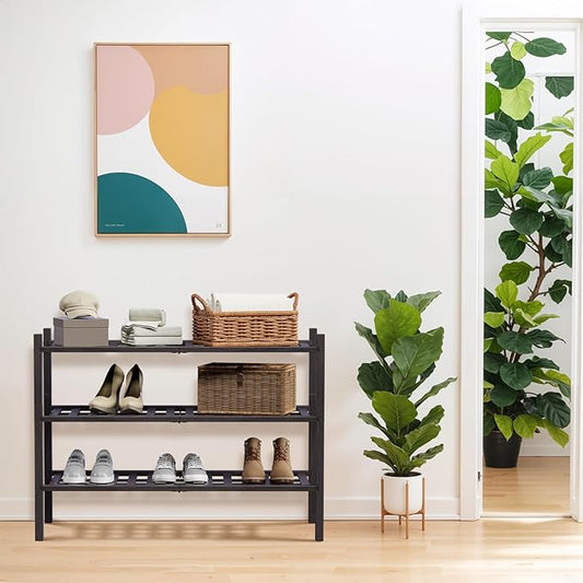 Haddockway 3 Tier Bamboo Shoe Rack Storage Organizer, Multifunctional Free Standing Stackable Shoe Shelf with Grid Panel for Closet,Hallway,Entryway,Small Space 27"x11"x20" (Brown, 3 Tier)