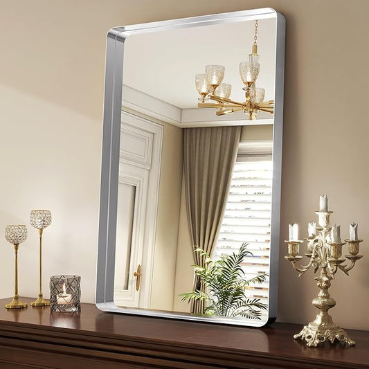 Silver Bathroom Mirror for Wall, 36x24 Inch Rectangular Aluminum Alloy Framed Mirror, Modern Wall Mounted Vanity Mirror for Bathroom, Vertical or Horizontal