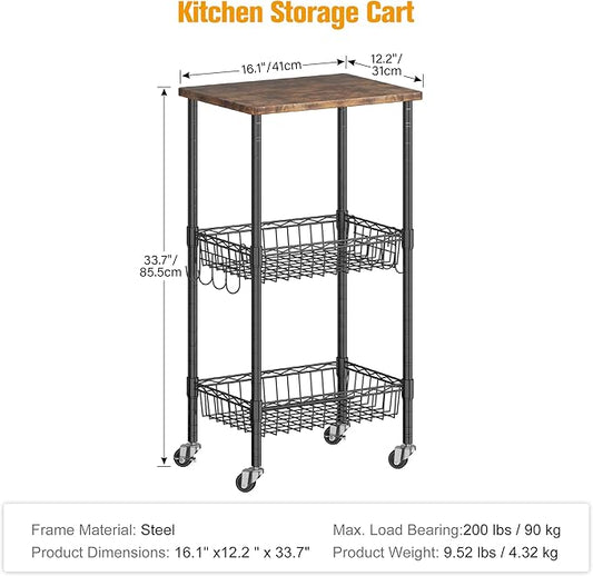 Rolling Kitchen Storage Cart, 3-Tier Storage Rack on Caster Wheels with Adjustable 2 Baskets, Coffee Station Cart Rack Shelf Organizer for Living Room Office, Balcony, Rustic Brown/Black