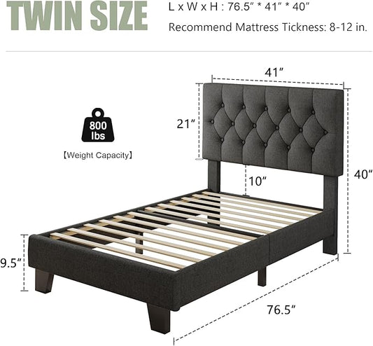Feonase Twin Platform Bed Frame with Button Tufted Headboard, Upholstered Linen Bed with Wooden Slats Support, No Box Spring Needed, Noise-Free, Easy Assembly, Dark Grey