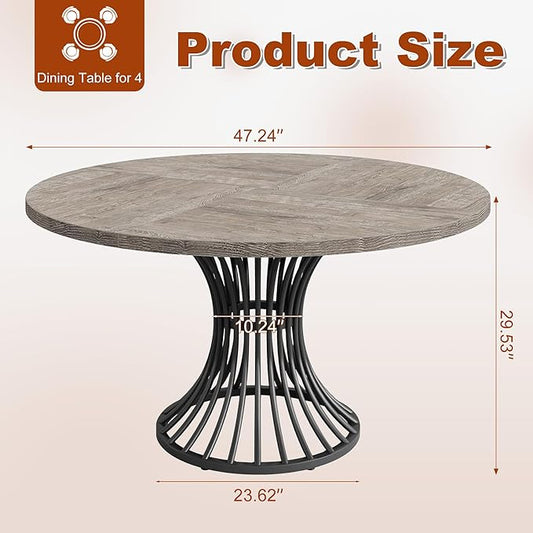 Round Dining Table for 4, 47-Inch Farmhouse Dinner Table Wooden Circle Kitchen Tables with Metal Base for Dining Room, Kitchen, Living Room, Grey and Black