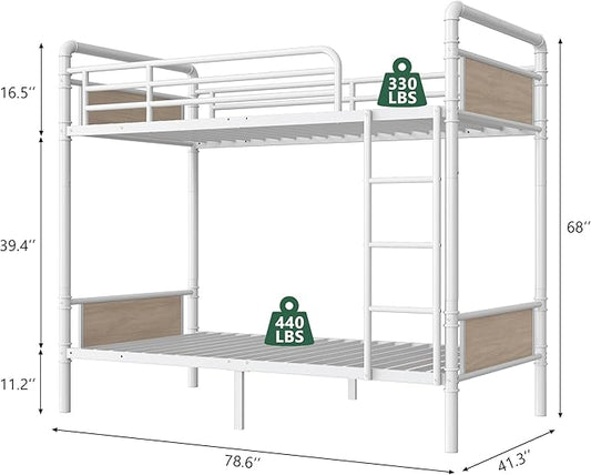 Metal Bunk Bed Twin Over Twin, Industrial Bunkbeds Heavy Duty Bed with Safety Guard Rails and Space-Saving Design, Steel Bed for School, Bedroom (White)