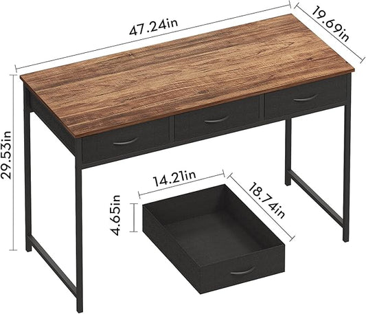 WOHOMO Computer Desk with 3 Drawers, 47.2 Inch Bedroom Desk with Storage, Home Office Desk for Room Spaces, Modern Work Writing Study Tables, Rustic
