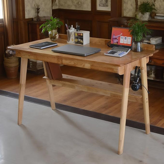 Oak Desk with Drawers, Solid Wood Desk with Bookshelf Small Computer Desk for Small Spaces Mid-Century Modern Wood Writing Desk with 2 Drawers for Home Office 39"