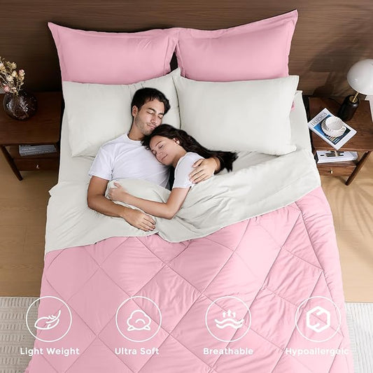 HEVUMYI Queen Comforter Set - 7-Piece All Season Bed in a Bag Queen, Ultra Soft Bedding Set with Comforter, Flat Sheet, Fitted Sheet, Pillowcases, Pillow Shams, Pink & Ivory