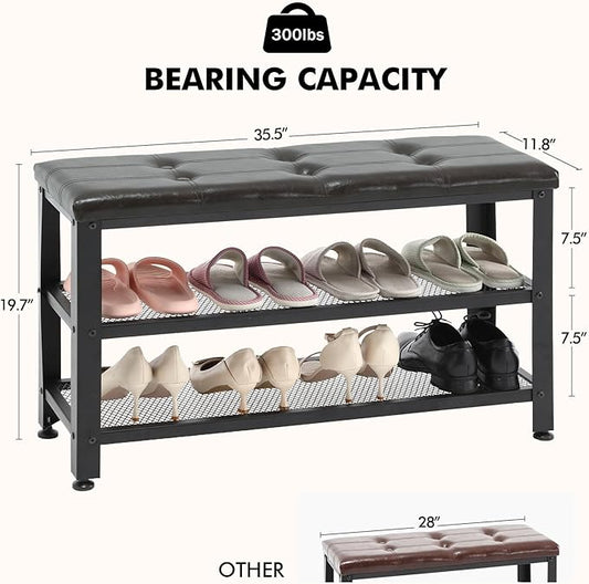Apicizon 35.5" Shoe Rack Bench, 3-Tier Entryway Bench, with Leather Seat and Metal Frame, Loads 300 lb, Suitable for Living Room, Hallway, Mudroom, Doorway, Black
