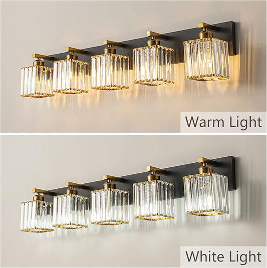 Modern Bathroom Vanity Light 5-Lights Black Gold Crystal Bathroom Wall Light Vanity Light Fixtures,36.22-inch Modern Minimalist Design
