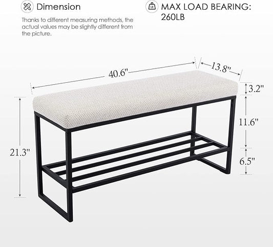 Zesthouse Upholstered Shoe Bench Entryway with Storage, Comfy Line Fabric Bench for Bedroom End of Bed, Metal Shoe Rack for Closet Hallway Doorway Living Room Mudroom, Beige