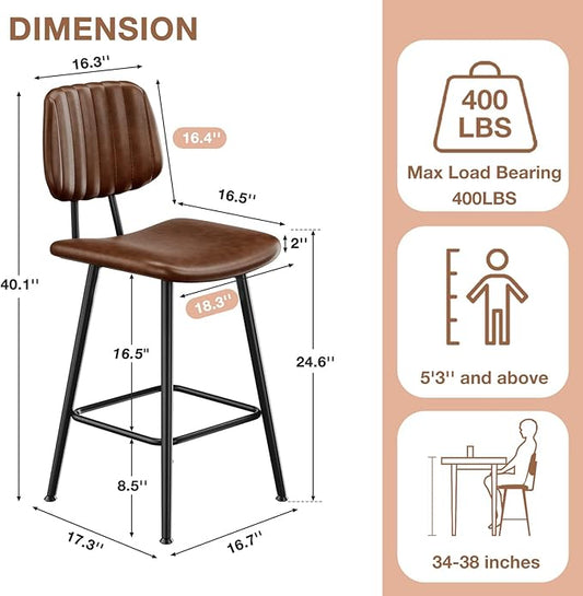 24-Inch Leather Bar Stools Set of 3, Counter Height Barstools with High Backrest,Bar Chairs for Kitchen Island with Heavy Duty Metal Legs, Dark Brown