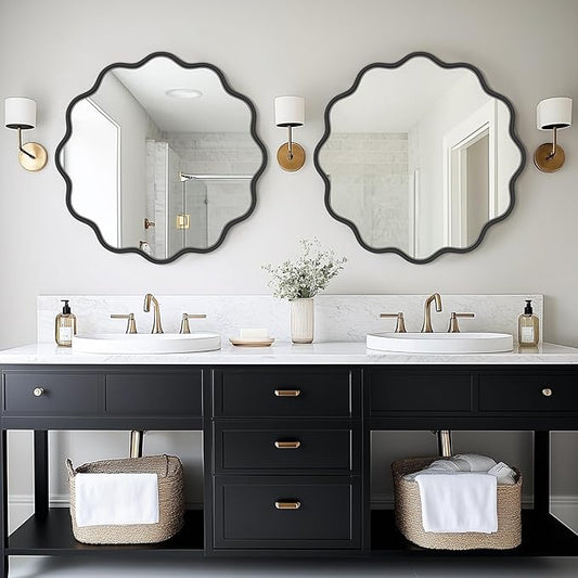 PROHOMEWARE Black Round Mirror 28 Inch Wavy Bathroom Vanity Mirror Gold Frame Modern Wall Mirror Decorative Wall-Mounte Anti-Rust, Tempered Glass