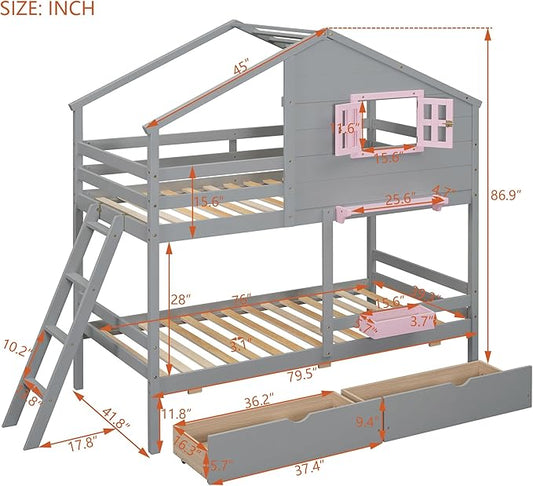 Ball & Cast Twin Over Twin Size Bunk Bed with 2 Drawers and 1 Storage Box,Playhouse Wood Bunkbed w/Window & 1 Shelf,Slat Support,Space Saving,Bedroom Furniture for Student Dorms,Gray