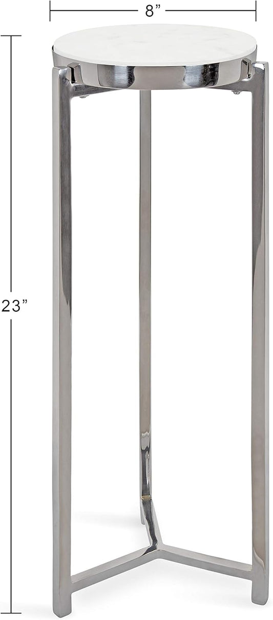 Kate and Laurel Aguilar Glam Round Drink Table, 8 x 8 x 23, Silver and White, Small Accent Table for Use as Plant Pedestal Stand with Marble Tabletop