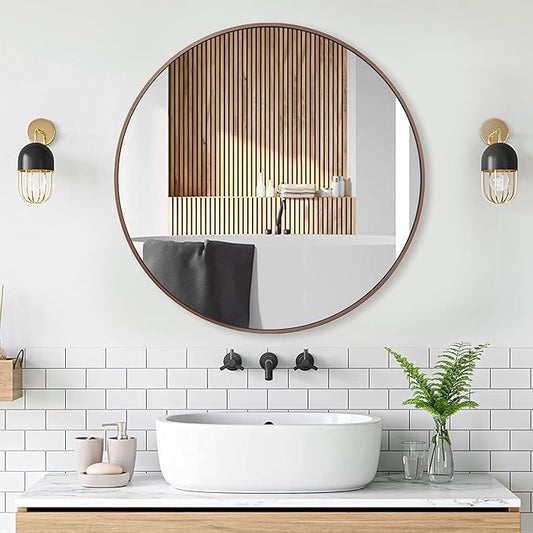 24 inch Circle Wall Mirror, Brushed Bronze Metal Framed Round Mirror for Bathroom Vanity, Bedroom Decor, Living Room, Entryway