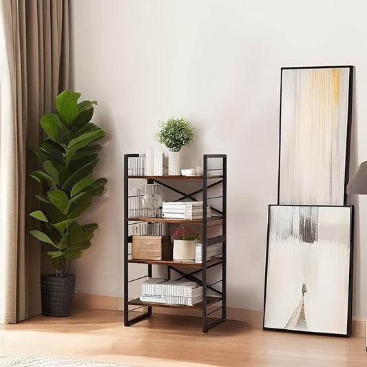 4 Shelf Bookshelf,Metal&Wood Short Book Shelf,Small Bookcase for Small Spaces Bedroom Office Kitchen Living Room (Black,11.2"x 16.4"x 31.9")