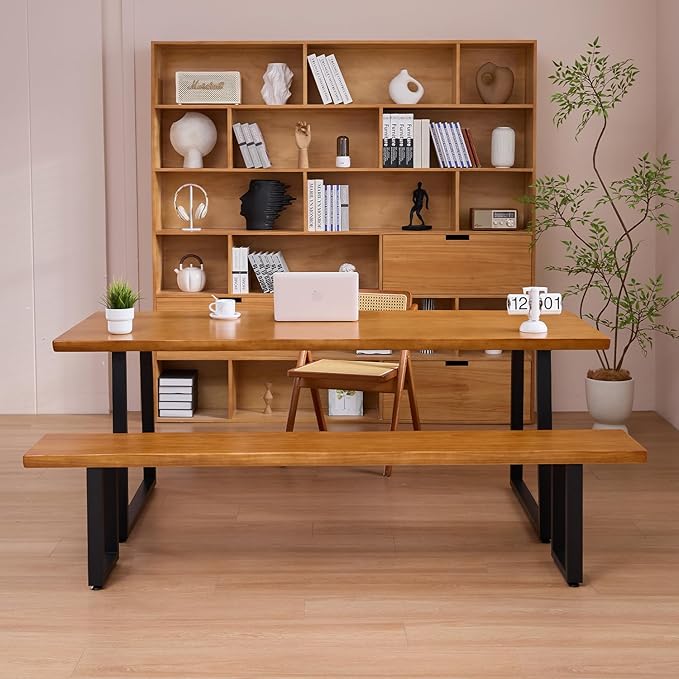 Durable Solid Wood Top Bench with Sturdy Metal Legs – Versatile Dining & Office Seating - Multi-Size Options Ideal for Living Room, Dining Room, and Home Office(Dark yellowbench, 55.12in)