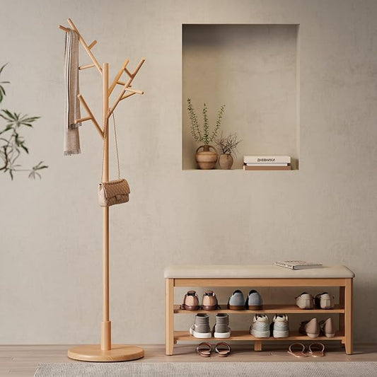 Coat Rack,Solid Wood Coat Rack Freestanding with 12 Hooks,Coat tree freestanding 3 Adjustable Heights for coat, Hats, Handbags,Coat Stand for Entryway,Bedroom (Natural)