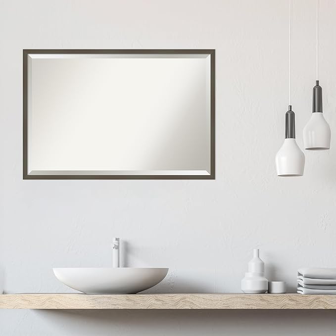 Amanti Art Grey Wall Mirror 25x37 Svelte Clay Grey Rectangle Bathroom Mirror for Wall Decor Living Room, Large Modern Wood Frame, Hangs Horizonally and Vertically, Bathroom Decor, Beveled Edge