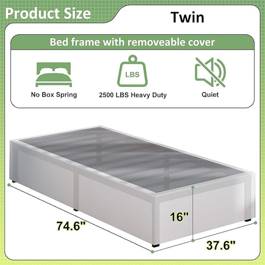 16 Inch Twin Bed Frames with White Skirt Cover, Metal Twin Size Bed Frame with Storage, Heavy Duty, No Box Spring Needed, Easy Assembly, Noise Free, Mattress Foundation