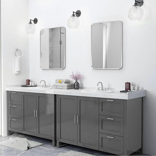 Silver Framed Bathroom Mirror, Brushed Nickel Rounded Corner Rectangle Wall Mirror, Tempered Glass, Shatter Proof, Anti-Rust, Hangs Horizontally or Vertically (22" x 30", Silver)