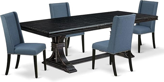 NEFL5-SBB-21-5-Piece Kitchen Dining Set Consists of a Dining Table and 4 Mineral Blue Linen Fabric Dining Chairs with Padded Chair Back - Sand Blasting Black Finish.