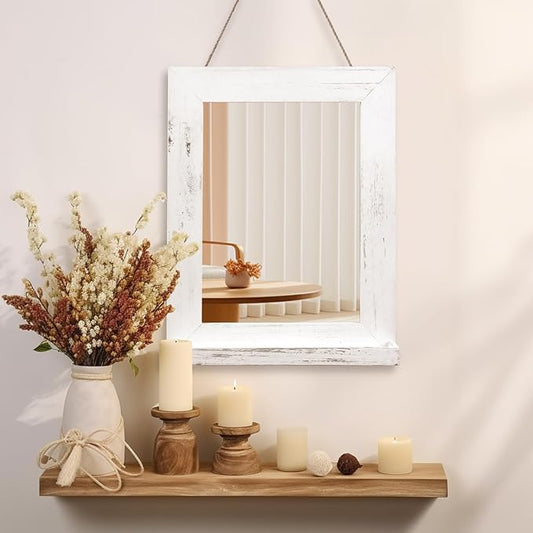QDSSDECO 16"×20" Wall Mirror with Shelf Farmhouse Decor Rectangular Mirror Hanging for Bathroom, Vanity, Bedroom, Entryway, Living Room,White with Hemp Rope