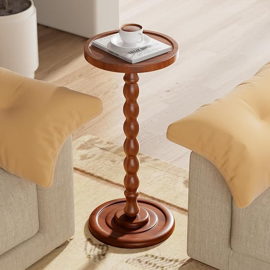 Solid Wood Drink Table, Rubber Wood Small Round Side Table for Small Spaces, Martini Tables, Pedestal End Tables for Living Room, Bedroom, Corners, and Office (Light Walnut, 11.81inch)