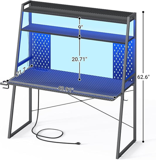 Small Gaming Desk with Hutch and LED Lights, Gaming Computer Desk with Power Outlets, Gamer Desk with Storage Shelves, Game Desks with Pegboards for Bedroom Small Spaces, Black, 43"