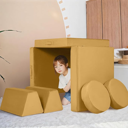 MeMoreCool Modular Kids Couch Sofa, Mustard 8-Piece Convertible Foam Play Couch Set for Toddlers and Playroom