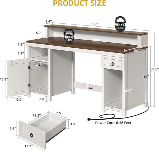 DWVO Farmhouse Office Desk with Drawer & Power Outlets, Wood Computer Desk w/LED Strip & Monitor Stand for Bedchamber Study, Home Office Table with Storage Cabinet for Working Writing Gaming (White)