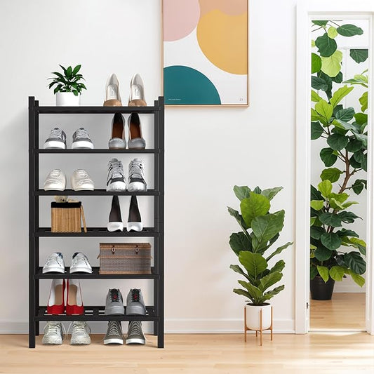 Haddockway small 6 Tier Bamboo Shoe Rack Storage Organizer, Multifunctional Free Standing Stackable Shoe Shelf with Grid Panel for Closet,Hallway,Entryway,Small Space 18"x11"x34"(Black, 6-Tier(Small))
