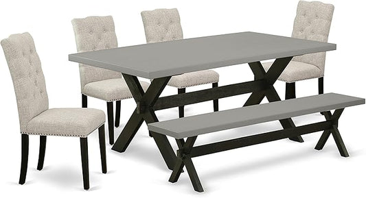East West Furniture X697EL635-6 6 Piece Dining Table Set Contains a Rectangle Dining Room Table with X-Legs and 4 Doeskin Linen Fabric Parson Chairs with a Bench, 40x72 Inch, Multi-Color