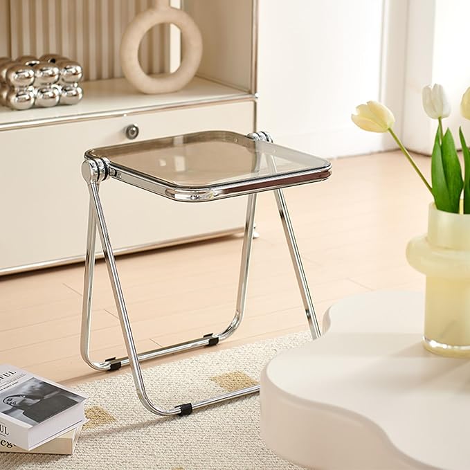 16.2" × 14.1" Acrylic Folding Table, Small Lightweight End Table for Living Room, Bedroom and Small Room, Sturdy Metal Frame with No Assembly Required, Space-Saving Storage Design (Grey)