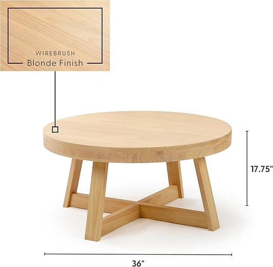 Plank+Beam Classic Round Coffee Table, 36 Inch Farmhouse Coffee Table, Rustic Mini Center Tables for Small Spaces, Small Living Space Tea Table, Blonde Wirebrush