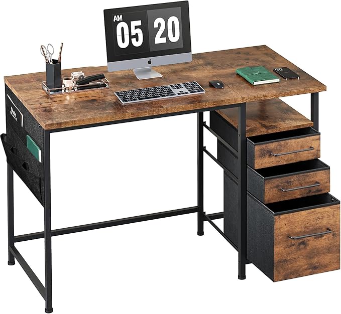Maihail Maihail Small Desk with Drawers, 40 inch Computer Desk with Shelves, Writing Desk with Storage, Small Office Desk with Metal Frame, Rustic Brown2