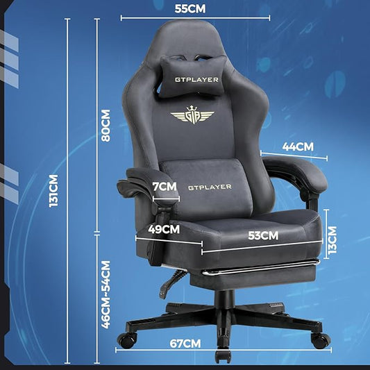 GTPLAYER Gaming Chair Fabric with Pocket Spring Cushion, Big and Tall Gamings Chairs 350LBS High Back Computer Chair with Footrest for Adults Lumbar Support Swivel Game Chair for Office Light Gray