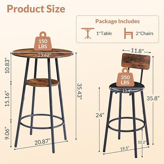 3 Pieces Round Bar Table and Chair Set, Small Dining Table for 2, Breakfast Table with Storage, Modern Kitchen Bar Table, 2 Upholstered Stools with Backrest for Dining Room & Bistro-Brown