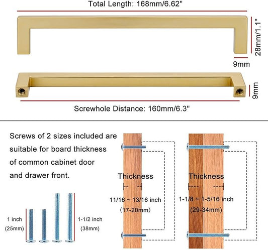 KOOFIZO 30-Pack Solid Square Bar Cabinet Handle - Brushed Gold Furniture Pull, 6.3 Inch/160mm Screwhole Distance for Kitchen Cupboard Door, Bedroom Dresser Drawer, Bathroom Wardrobe Hardware