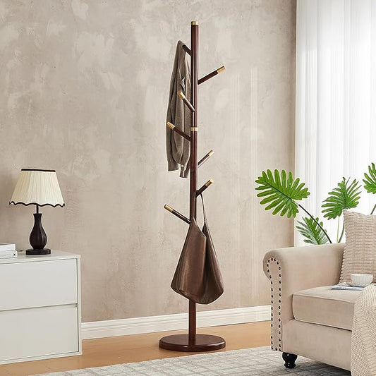 CozyDH Coat Rack Freestanding Solid Wood Coat Rack Stand, Coat Tree Freestanding with 7 Hooks Creative Tree Branch-look for Entryway, Hallway, Bedroom (Walnut)