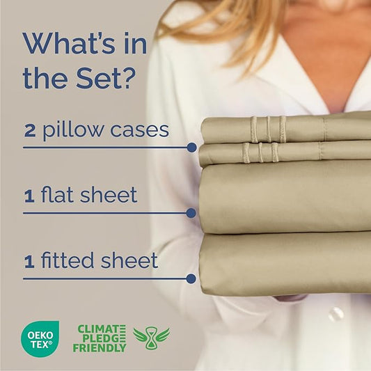 Cal King Size 4 Piece Sheet Set - Comfy Breathable & Cooling Bed Sheets Set - Hotel Luxury Bedding for Women, Men, Kids, Teens, Boys & Girls - Deep Pockets, Ultra-Soft, Wrinkle Free - Oeko-Tex - Beige