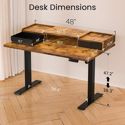 48x30 Inch Electric Standing Desk with Drawers & Widen Desktop, Thickened Desk Frame, Adjustable Height Sit Stand Up Table, Home Office Computer Desk with Cable Management, Rustic Brown