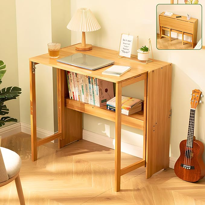 Bamboo Folding Desk Mid Century Modern Desk for Home Office Bedroom Small Spaces,Natural