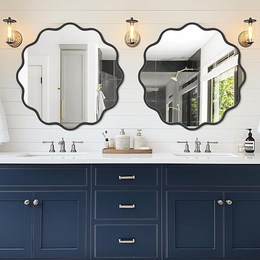 PROHOMEWARE Black Round Mirror 32 Inch Wavy Bathroom Vanity Mirror Black Frame Modern Wall Mirror Decorative Wall-Mounte Anti-Rust, Tempered Glass
