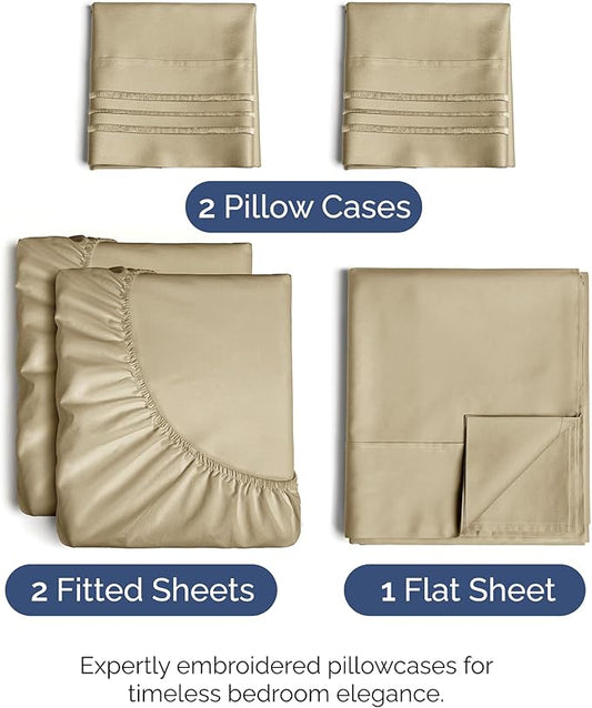 Split King Size 5 Piece Sheet Set - Comfy Breathable & Cooling Bed Sheets Set - Hotel Luxury Bedding for Women, Men, Kids, Teens, Boys & Girls - Deep Pockets, Soft and Wrinkle Free - Oeko-Tex - Beige